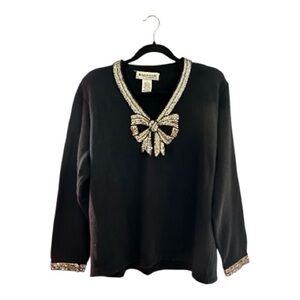Vintage Appleseed’s Black V-Neck Sweater with Sequined Embellished Bow Size XL